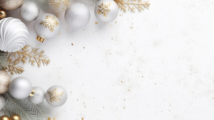 Christmas frame with snowy Christmas tree branches, gold and silver baubles on a light white background. Flat lay, top view, copy space. Christmas banner mockup.