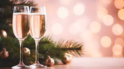 Two glasses of pink champagne with fir branches, glitter and gold Christmas decorations. against the background of festive New Year and Christmas bokeh in pink. New Year celebration concept.