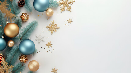 Christmas and New Year holiday frame with Christmas tree branches, gold and turquoise baubles on a white background. Flat lay, top view, copy space for text. Christmas banner mockup.