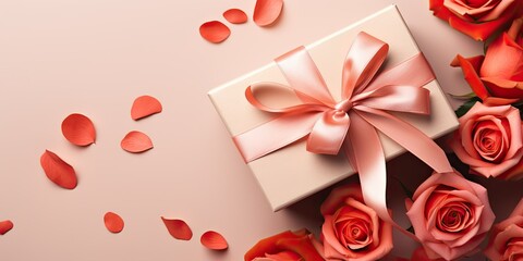 Trendy Love Essence - Embrace the trend of the year 2019, Living Coral, with a gift box adorned with a red ribbon and a rose