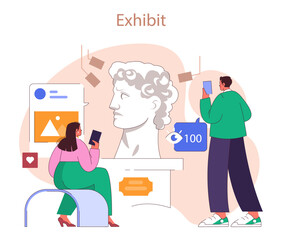 Museum or art gallery. Visitors exploring a classic sculpture exhibit, engaging with interactive displays and taking a photos. Antique David head. Flat vector illustration