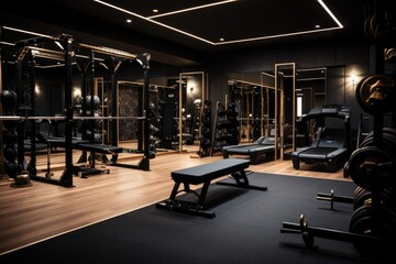 Gym with barbells and different equipment, luxurious aesthetic, created with AI