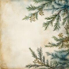 Vintage style holly leaves and pine branches paper with oil paint, light background with copy space, greeting card, invitation template, generative ai