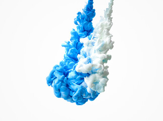 Drops of blue and white paint isolated on white background