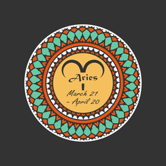 Zodiac sign Aries in a round paterned frame. Icon, emblem on a black background. Vector illustration