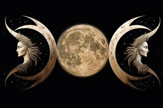 Triple Goddess Symbol. Waxing-Full-Waning Moon.  Hecate. Witchcraft. Paganism
