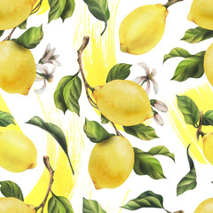 Lemons are yellow, juicy, ripe with green leaves, flower buds on the branches, whole and slices. Watercolor, hand drawn botanical illustration. Seamless pattern on a white background.