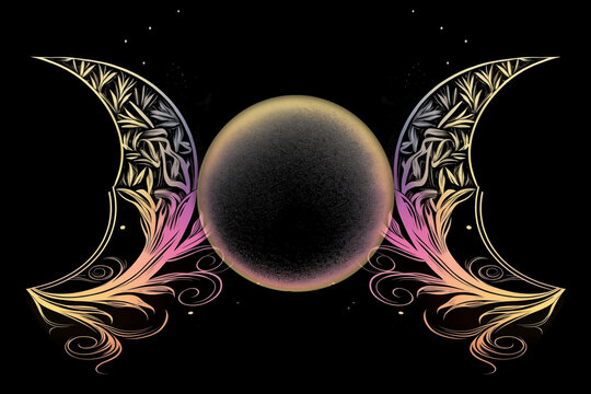 Triple Goddess Symbol. Waxing-Full-Waning Moon.  Hecate. Witchcraft. Paganism