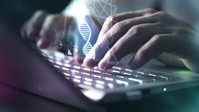 Virtual panel with DNA structure above laptop keyboard.
