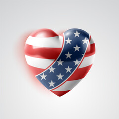 3D heart in the colors of the USA flag with glares and shadow on white basckground