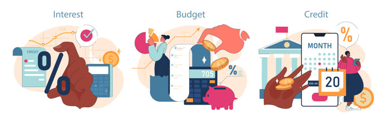 Financial Management set. A deep dive into personal finance: navigating interest rates, devising a sustainable budget, and understanding credit mechanisms. Save wisely, invest smartly. Flat vector.