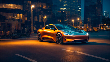 Beautiful modern electric car, night city