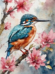 Watercolor painting of a bird on a tree
Pink flowers bloom AI Generative