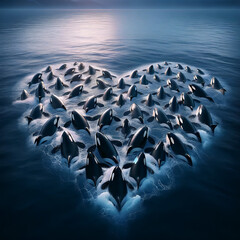 A photorealistic image of a group of orcas swimming in a heart shape formation in the sea