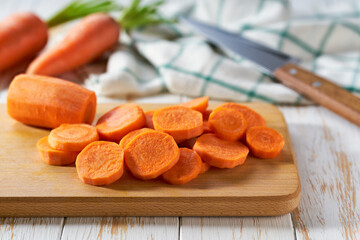 chopped carrots on a cutting board, selective focus.