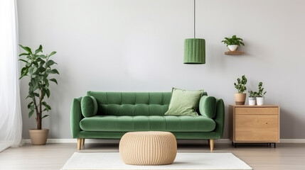 Stylish scandinavian interior of living room with green velvet sofa wooden furniture. generative ai