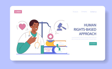 Humanizing healthcare web banner or landing page. Modern human rights-based approach on medical treatment. Doctor or physician ethical commitment and alliance. Flat vector illustration