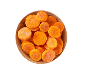 chopped carrots in a wooden bowl isolated on white background, top view.