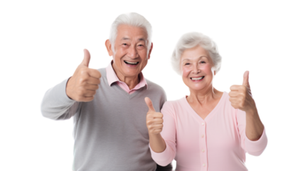 Happy multiracial old couple showing thumbs up on transparent background.