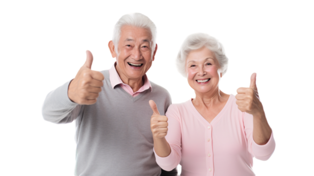 Happy multiracial old couple showing thumbs up on transparent background.