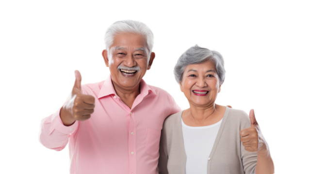 Happy  senior couple showing thumbs up on transparent background.