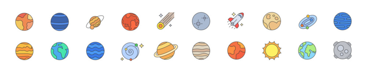 Set of colour icons with different planets in linear style. Vector illustration.