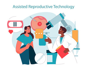 Assisted reproductive technology or ART. Doctor discussing IVF with a hopeful woman, showcasing ovary and medical instruments. Advanced fertility treatment. Flat vector illustration