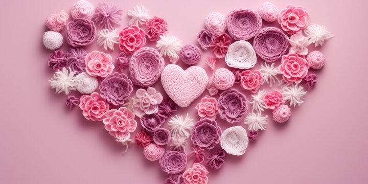 Crocheted Love Bloom - Design a delightful image with crocheted pink hearts beautifully arranged on a pink background