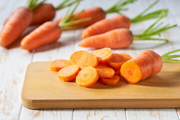 chopped carrots on a cutting board, selective focus.