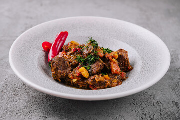 beef goulash with red pepper close up