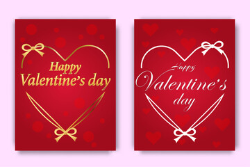 Set of greeting cards for Valentine's Day. Vector design of white and gold vintage heart on red background, for gifts, cards, posters.