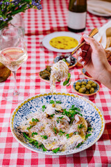 salad with seafood and wine glass