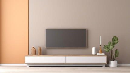 Two tone color wall background,Modern living room decor with a tv cabinet. generative ai - obrazy, fototapety, plakaty