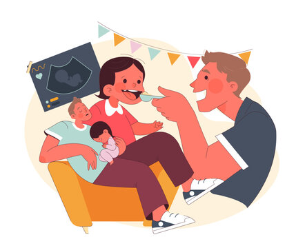 Parenthood concept. Young parents cherishing moments with their newborn, from feeding to bonding, with an ultrasound image celebrating anticipation. Flat vector illustration.