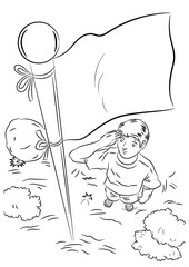 A man gives a salute to the national flag. Coloring page for kids.