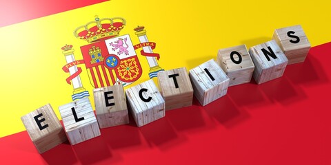 Spain - elections concept - wooden blocks and country flag - 3D illustration