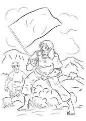 A man holding the national flag. Coloring page for kids.