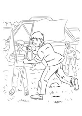 Young kids playing the national flag. Coloring page for kids.
