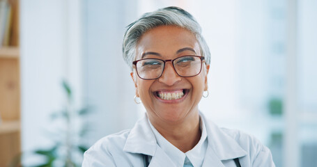 Woman, portrait and hospital doctor with smile for healthcare services, clinic consulting and help....