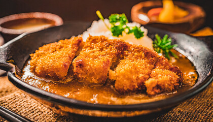close-up of juicy curry rice with tonkatsu, japanese food, food menu concept, japanese food restaurant