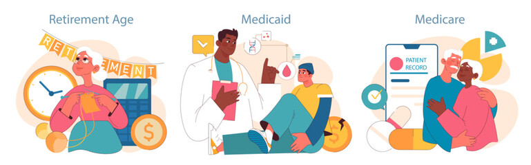 Healthcare and Retirement set. An elderly lady knitting during her retirement, a confident doctor discussing Medicaid, a worried man under Medicaid's care, and a loving elderly couple