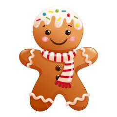 Vector illustration of cute Christmas gingerbread with scarf. Funny winter biscuits on white background