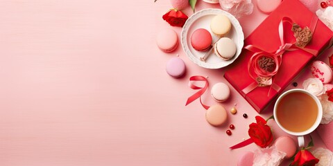 Valentine's Day Delight - Capturing Love in a Box. Top-down shot of vibrant red gift boxes, envelopes
