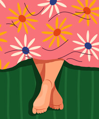 Morning routine poster. Legs under pink blanket with flowers. Comfort and coziness in bedroom. Trendy flyer or booklet. Abstract creativity and art. Cartoon flat vector illustration