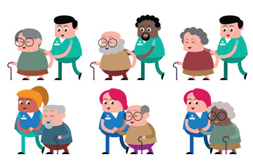 emotion cute vector, illustration flat cartoon character lifestyle senior woman, man sit in arm chair ,walk with cane and walker.