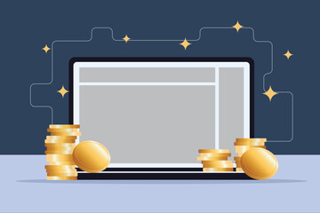 commerce finance vector illustration with coins computer for online marketing link concept