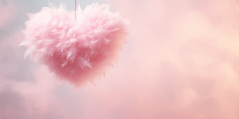 Ethereal Love in Flight - A dreamy shot of a pink, fluffy plush heart magically levitating above a calming pastel background - obrazy, fototapety, plakaty