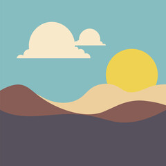 scenic retro nature landscape with hills sun and blue sky flat vector illustration