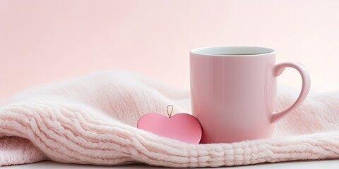 Fototapeta na wymiar Cozy Sip of Love - Embrace simplicity in a shot featuring a white mug adorned with a charming pink heart. 