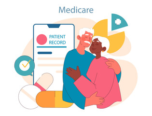 Elderly couple embraces warmly, appreciating Medicare's support. Behind them, a digital patient record confirms their healthcare status. Symbols of coverage and medication evident. Flat vector.